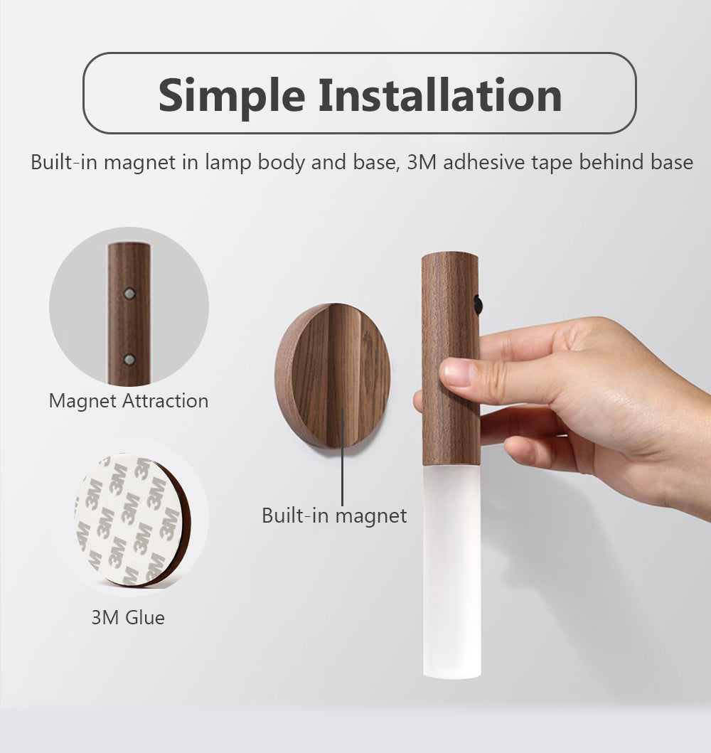 Wireless Motion Sensor LED Night Light – Magnetic USB Rechargeable Wood Lamp