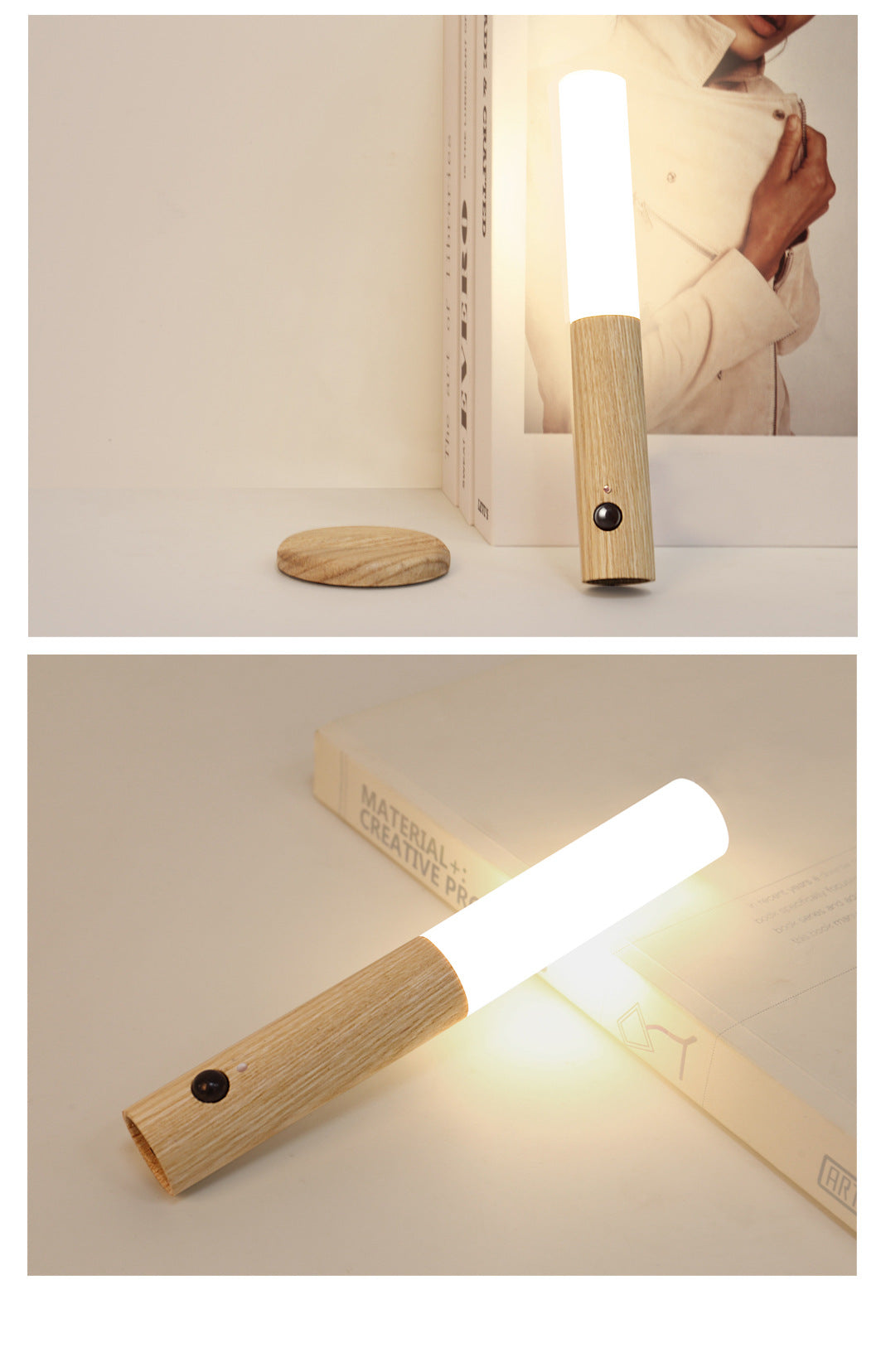 Wireless Motion Sensor LED Night Light – Magnetic USB Rechargeable Wood Lamp