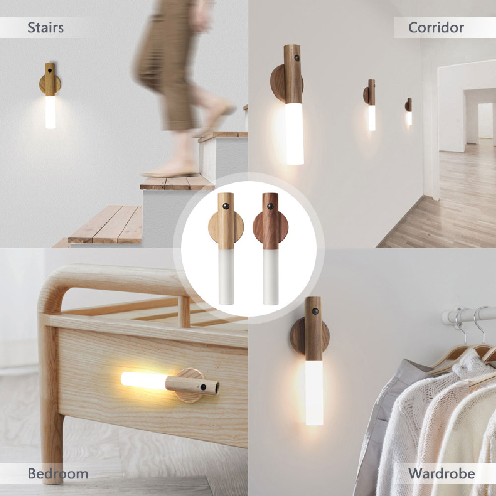Wireless Motion Sensor LED Night Light – Magnetic USB Rechargeable Wood Lamp