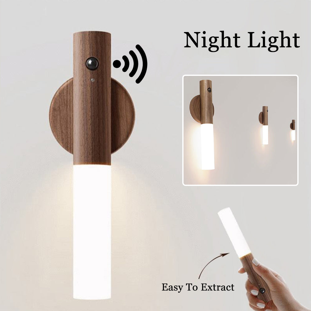 Wireless Motion Sensor LED Night Light – Magnetic USB Rechargeable Wood Lamp